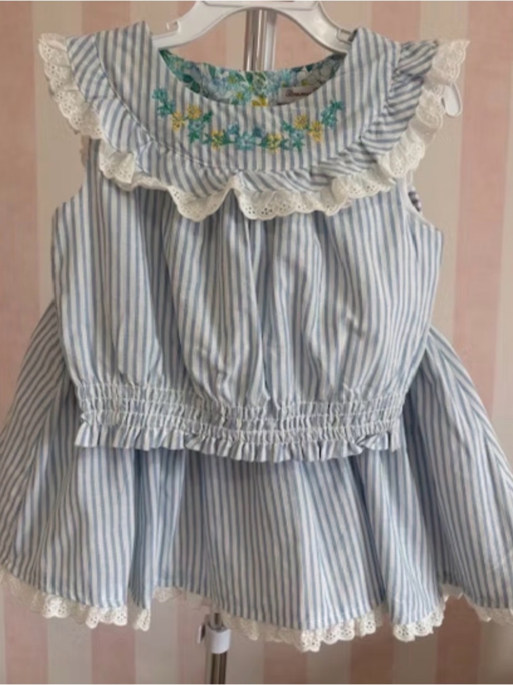 Tommy Bahama Kid Blue & White Striped Girls Ruffle Peplum Top with Floral Accent